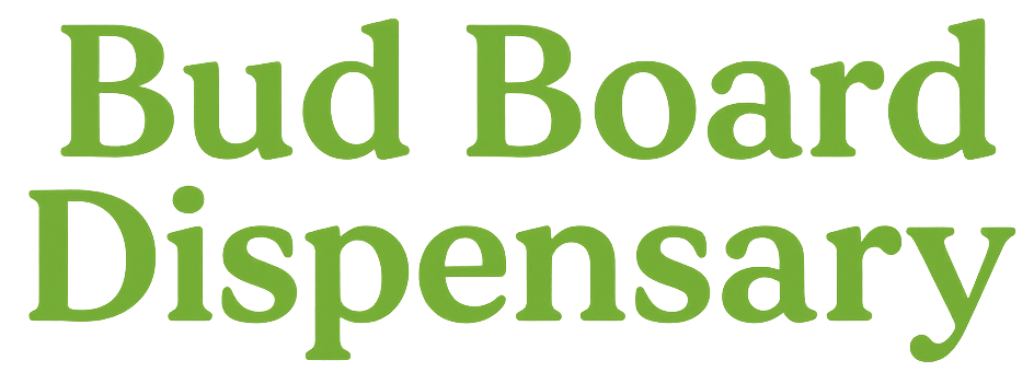 Bud Board Dispensary logo in green text on transparent background
