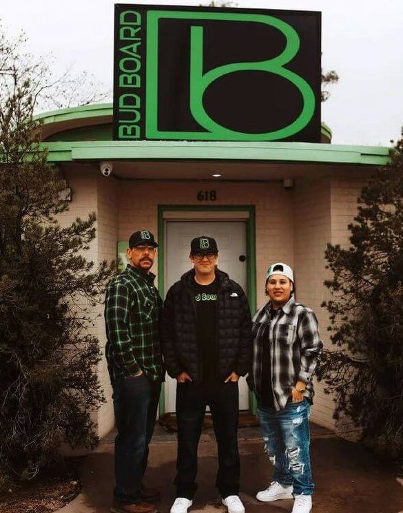 Bud Board Dispensary team standing outside Pierce Street location in Carlsbad, NM.