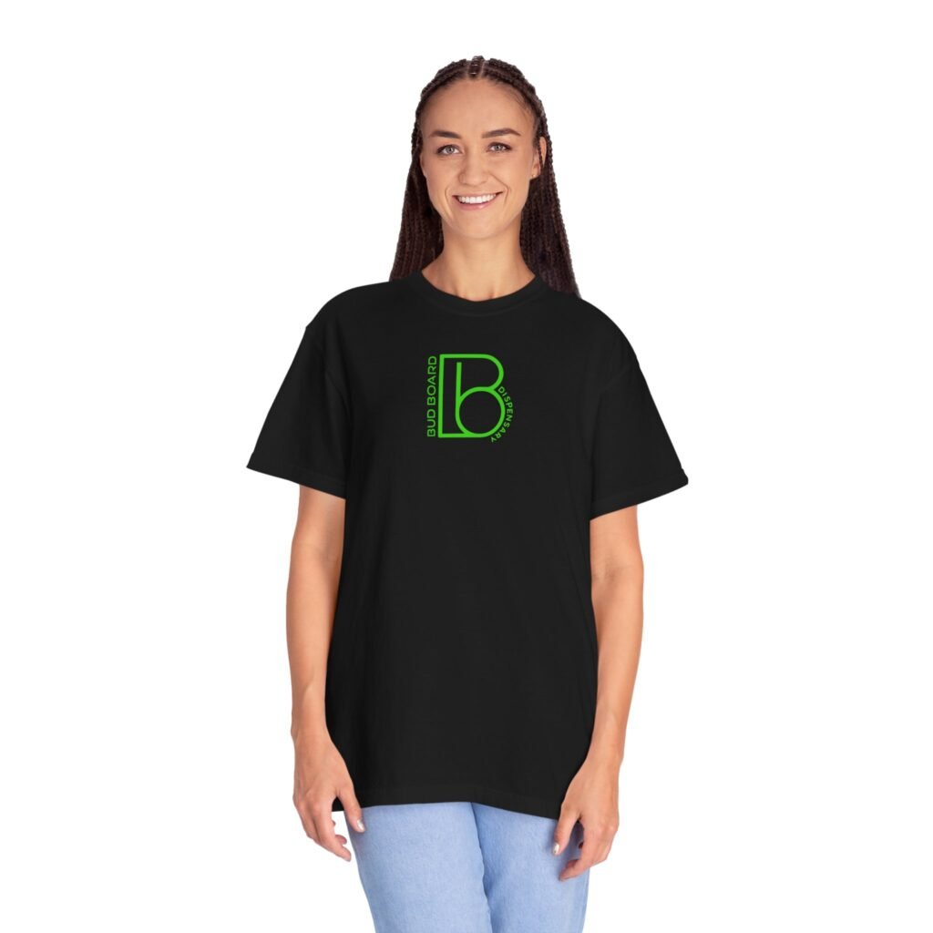Female model wearing black Bud Board Dispensary T-shirt with green logo.