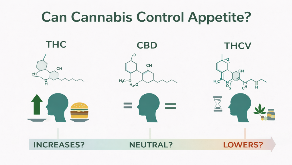 Can cannabis control appetite? Infographic showing how THC is linked to increased appetite, CBD is often neutral in studies, and THCV is under research for appetite effects.