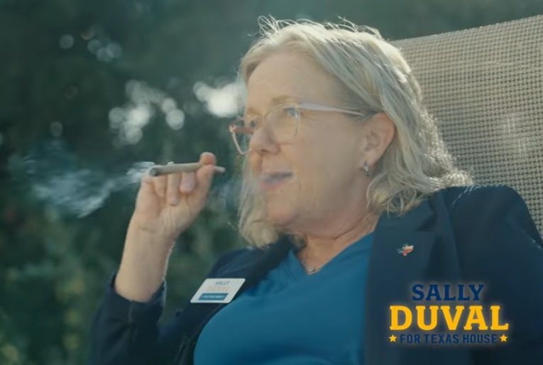 Texas cannabis legalization campaign ad screenshot featuring a Texas House candidate advocating for marijuana reform