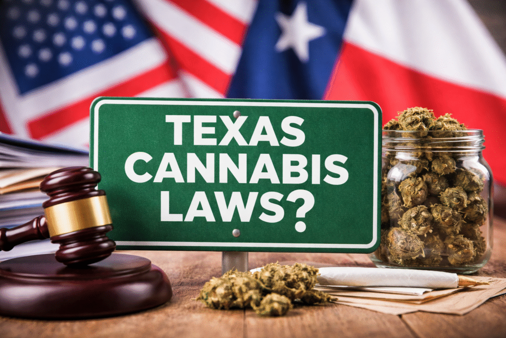 Texas cannabis law overview with judge gavel, cannabis jar, and Texas flag background