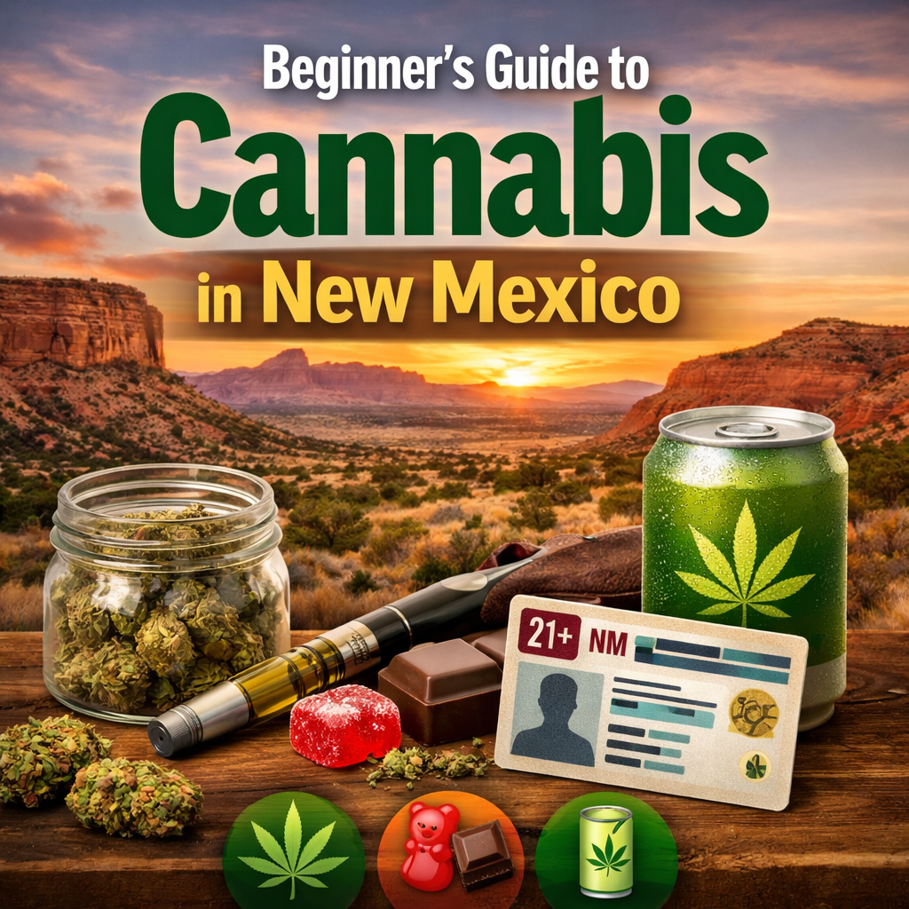 Beginner cannabis consumption guide in New Mexico showing common product types including flower, vape cartridges, edibles, and THC beverages.