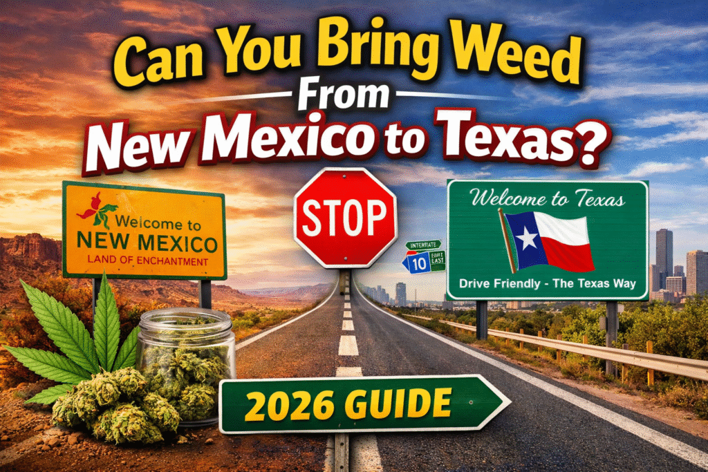 Road sign showing New Mexico to Texas with cannabis and stop sign illustrating that you cannot bring weed across state lines