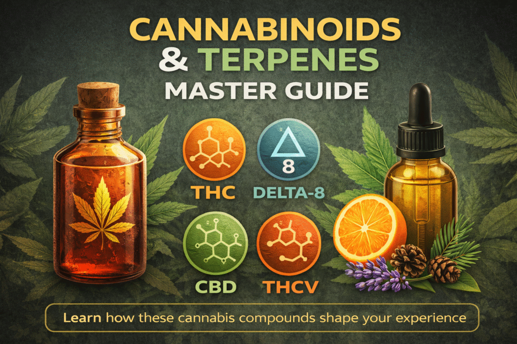 Infographic showing cannabinoids and terpenes including THC CBD Delta-8 and THCV and how they influence cannabis effects and experience