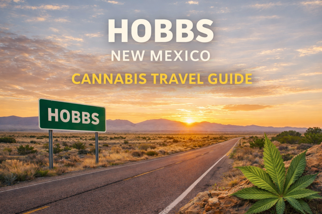 Hobbs New Mexico desert highway with road sign and cannabis travel guide text for visitors 21 and older