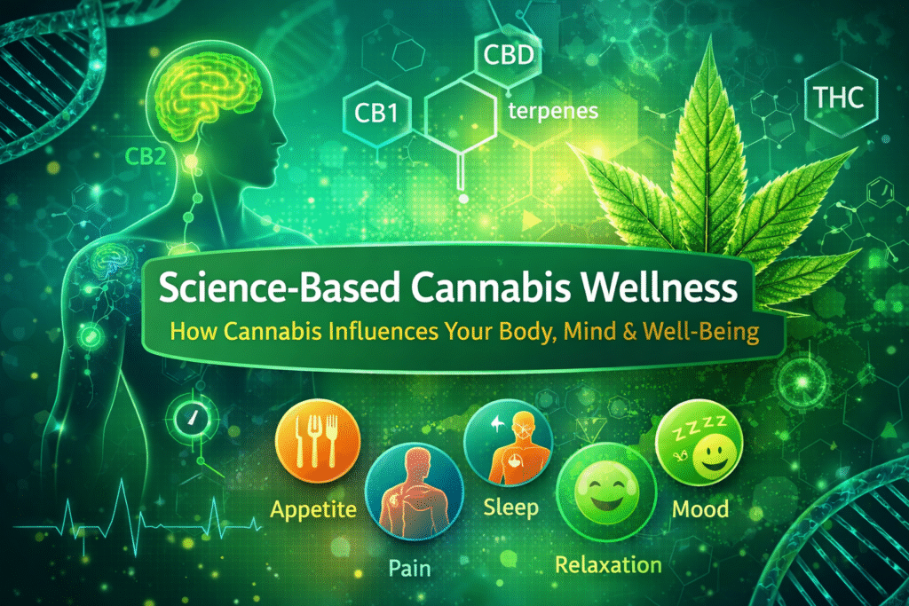 Illustration explaining how cannabis interacts with the endocannabinoid system and may influence appetite, mood, sleep, pain perception, and relaxation.