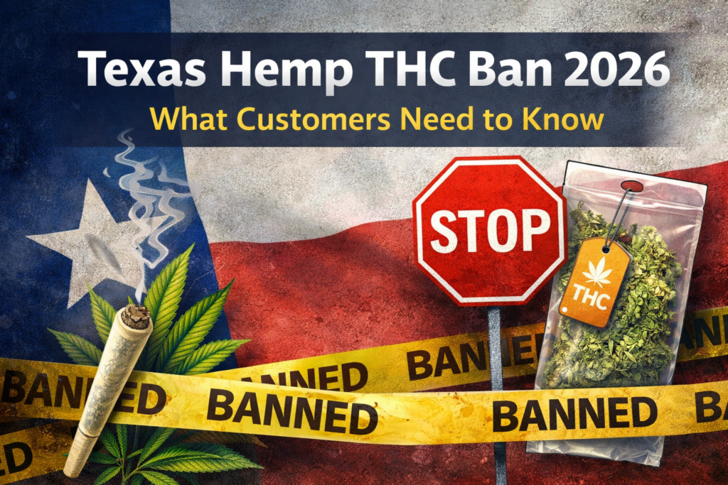Texas hemp THC ban 2026 graphic showing smokeable hemp products restricted under new state rules