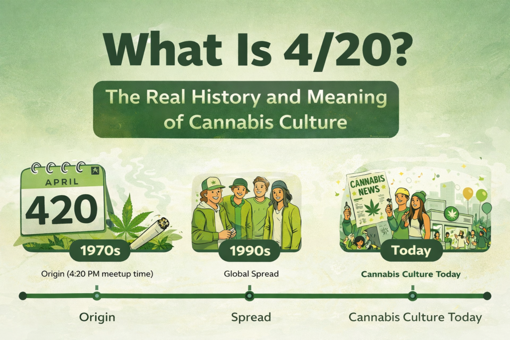 4/20 cannabis culture history concept showing timeline from origin to modern legalization