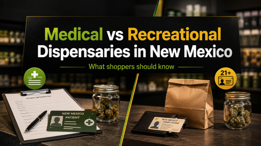 Medical vs recreational dispensaries in New Mexico featured image showing medical patient paperwork, adult-use ID, cannabis jars, and dispensary counter