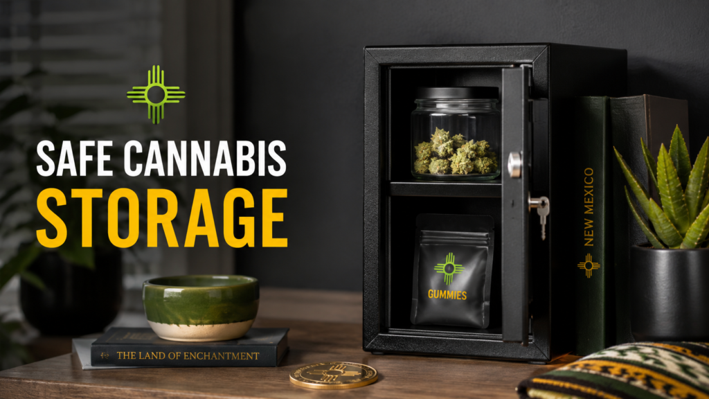 Locked cannabis storage box with sealed cannabis products for safe home storage in New Mexico