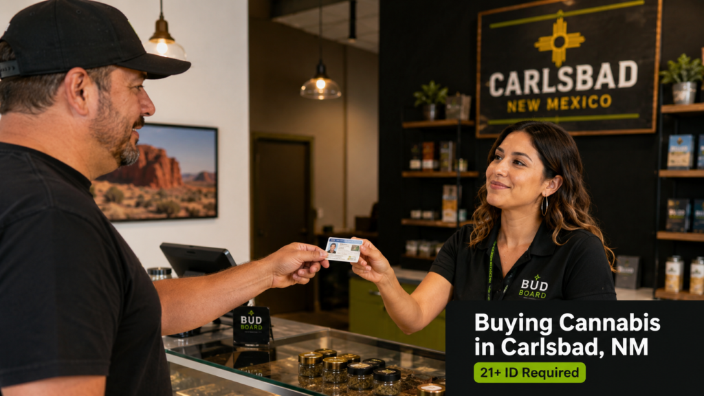 Valid ID and dispensary counter for buying cannabis in Carlsbad New Mexico