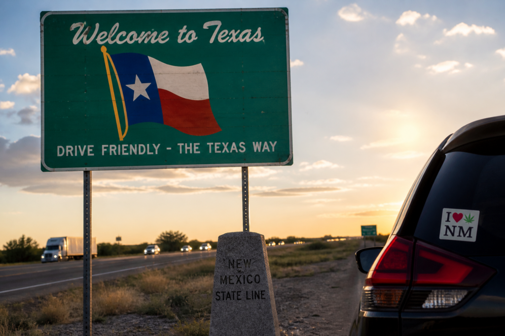 Welcome to Texas sign near New Mexico state line showing travel route for Texans buying cannabis legally in New Mexico