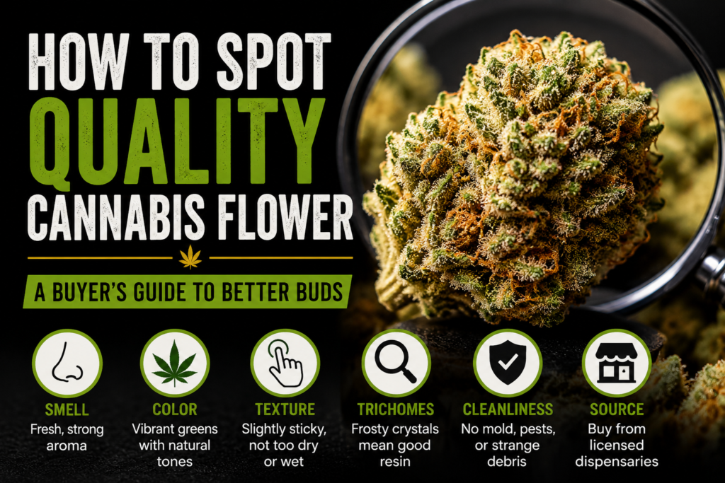 Close-up cannabis flower guide showing quality checks for smell, color, texture, trichomes, cleanliness, and licensed dispensary source