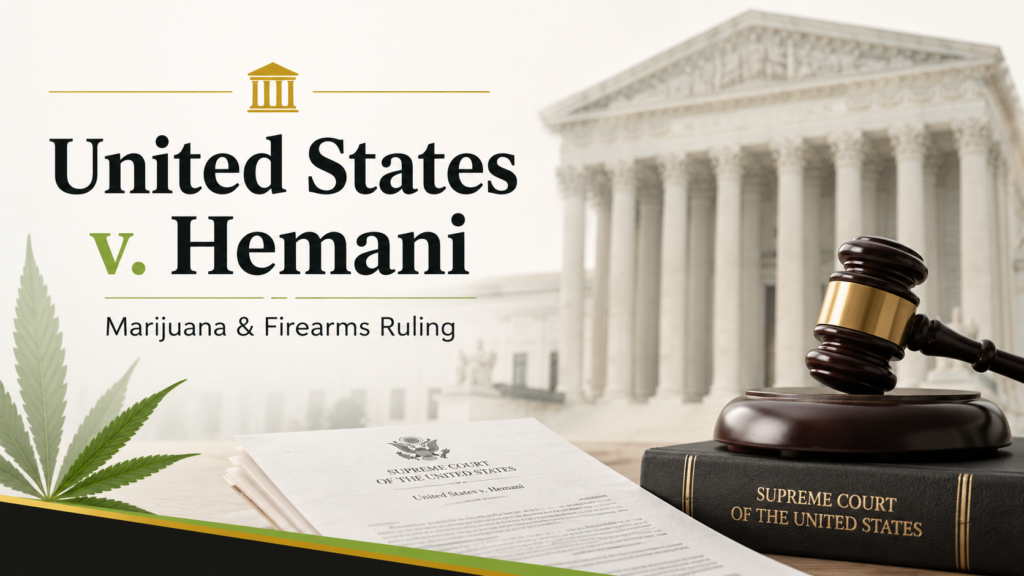 United States v. Hemani featured image showing a Supreme Court backdrop, gavel, cannabis leaf, and marijuana and firearms ruling text