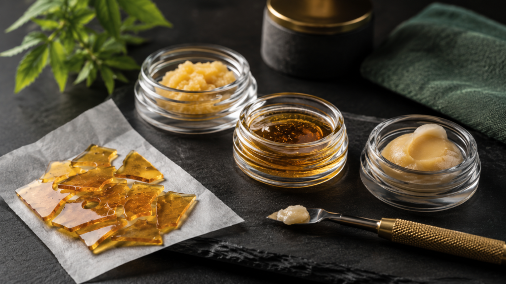 Cannabis concentrates guide showing wax, shatter, live resin, rosin, and a concentrate tool on a dark tabletop