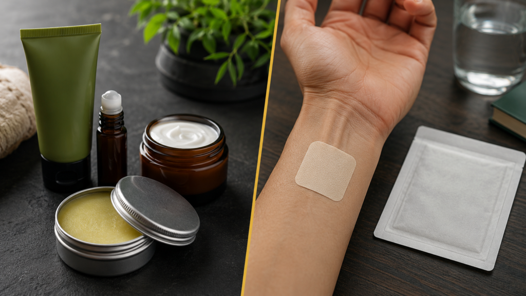 Cannabis topicals vs transdermal patches guide showing topical balm, cream, and a skin patch for adults in New Mexico