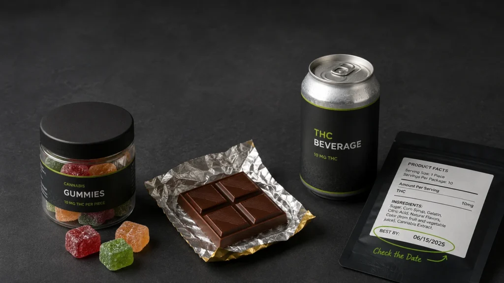 Flat-lay of cannabis gummies, infused chocolate, and a THC beverage next to a product label with a visible best-by date and the words Check the Date