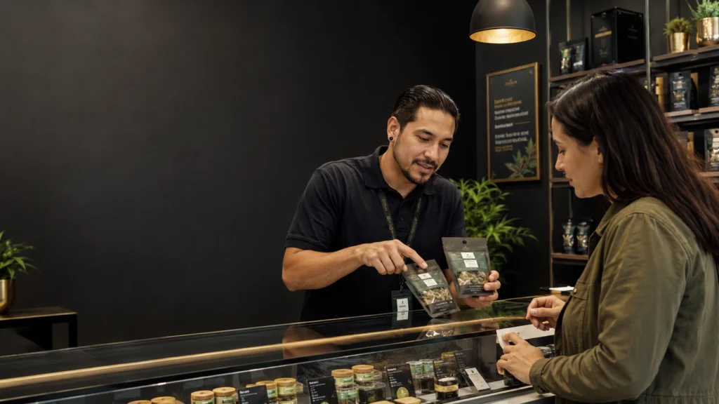 Cannabis budtender explaining packaged products to an adult customer inside a clean New Mexico dispensary