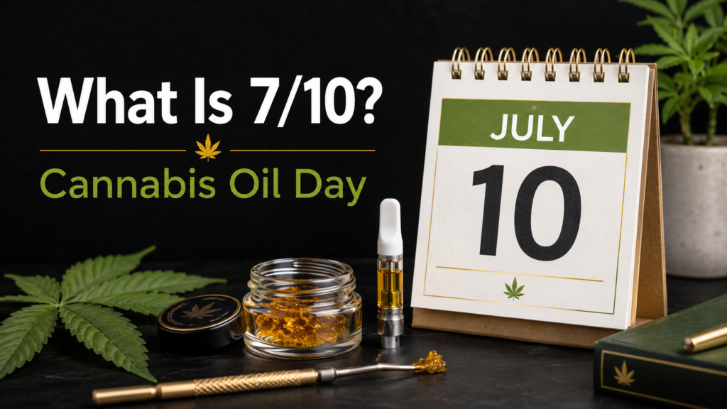 What is 7/10 cannabis oil day guide showing July 10 calendar, cannabis concentrates, vape cartridge, dab tool, and cannabis leaves