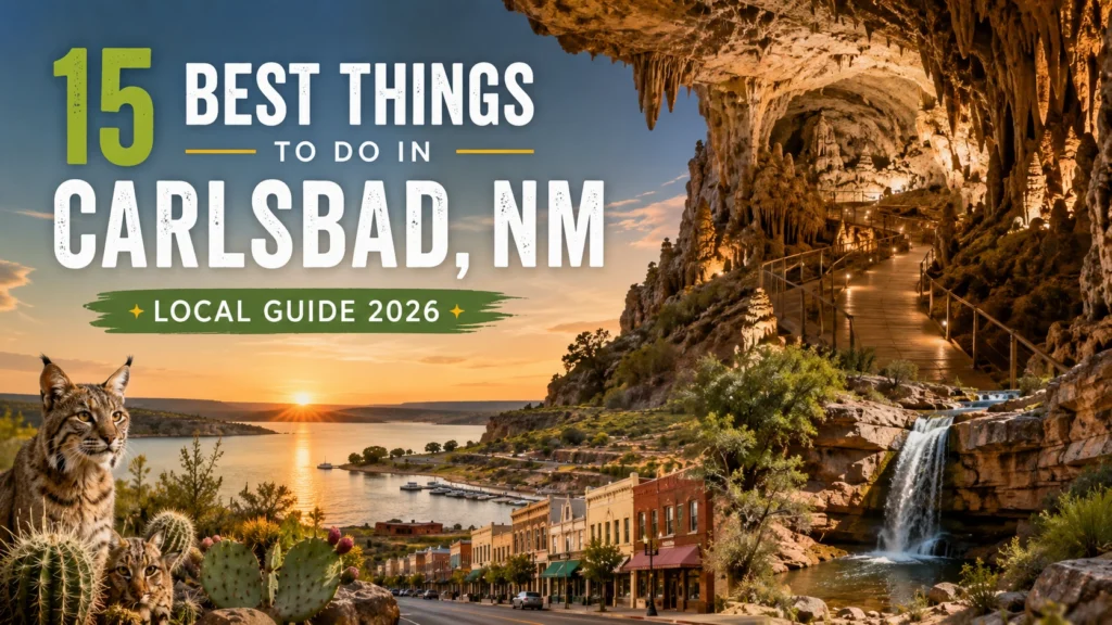 Things to do in Carlsbad NM including Carlsbad Caverns, Sitting Bull Falls, the Pecos River, downtown Carlsbad, and desert wildlife