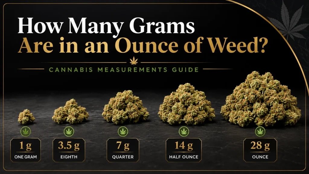 Cannabis flower shown in common weed measurements from 1 gram to 28 grams, including an eighth, quarter, half ounce, and full ounce