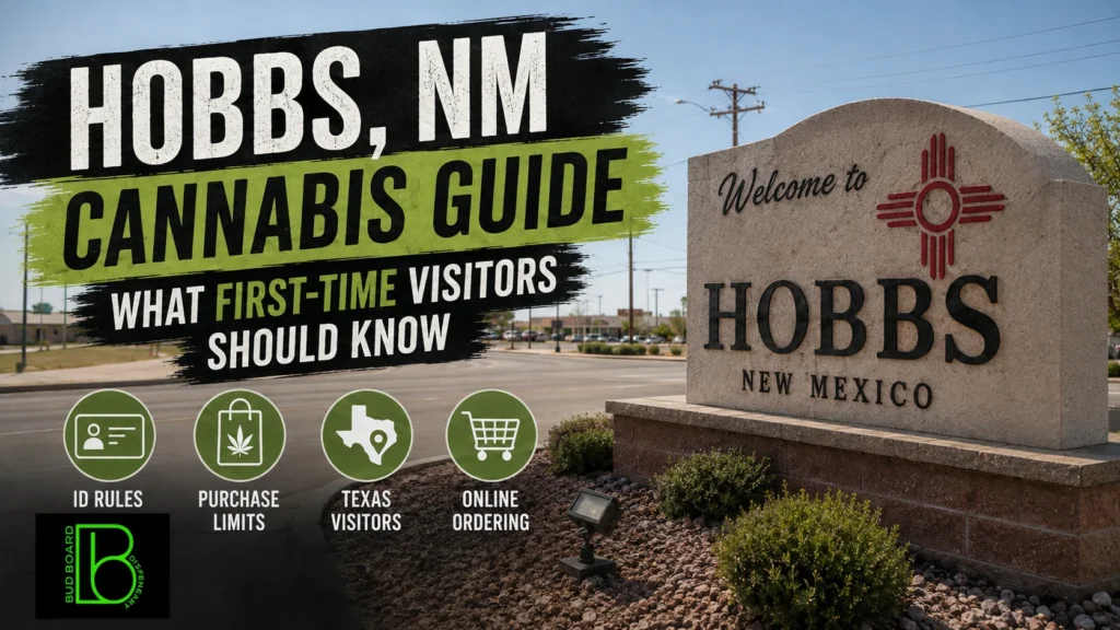 Hobbs NM cannabis guide featured image with first-time visitor tips for ID rules, purchase limits, Texas visitors, and online ordering