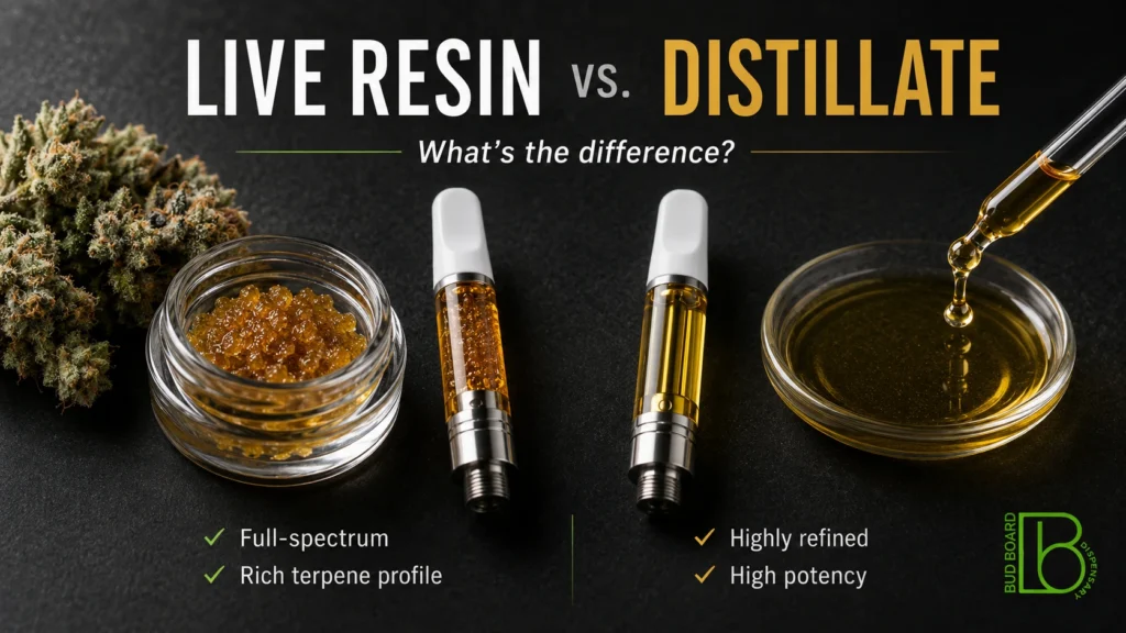 Live resin vs distillate comparison showing cannabis concentrate, vape cartridges, and refined distillate oil