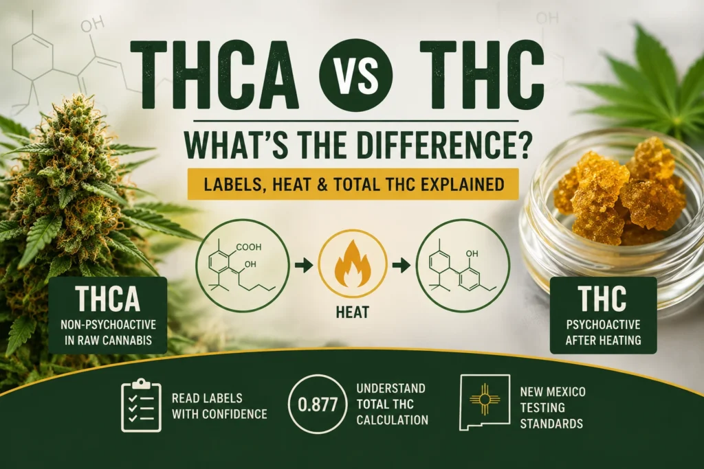 THCA vs THC comparison showing how heat converts THCA into THC, with cannabis flower, Total THC calculation, and New Mexico testing references