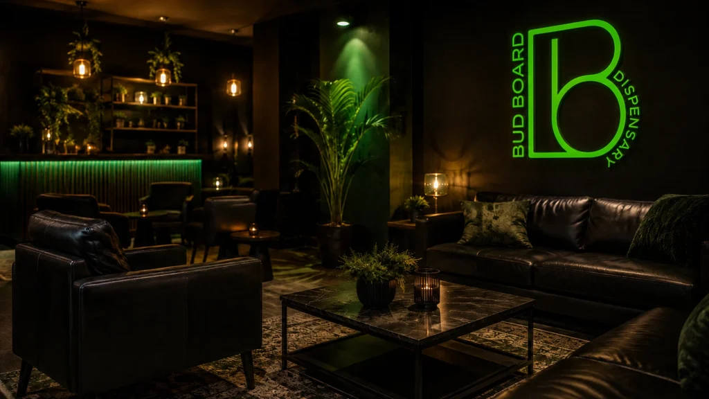 Dim, relaxed lounge seating area representing a licensed New Mexico cannabis consumption space