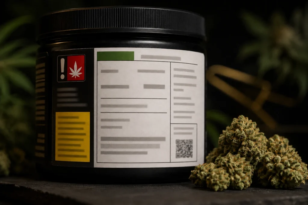 Close-up of a legal cannabis product label showing THC potency, net weight, and required warning information