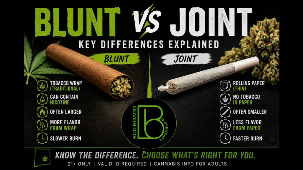 Blunt vs joint comparison showing a traditional blunt, cannabis joint, wrap differences, tobacco, nicotine, size, flavor, and burn characteristics