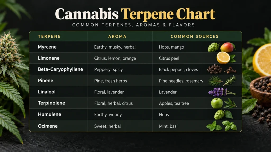 Cannabis terpene chart comparing common terpenes including myrcene, limonene, beta-caryophyllene, pinene, linalool, terpinolene, humulene, and ocimene by aroma and plant source