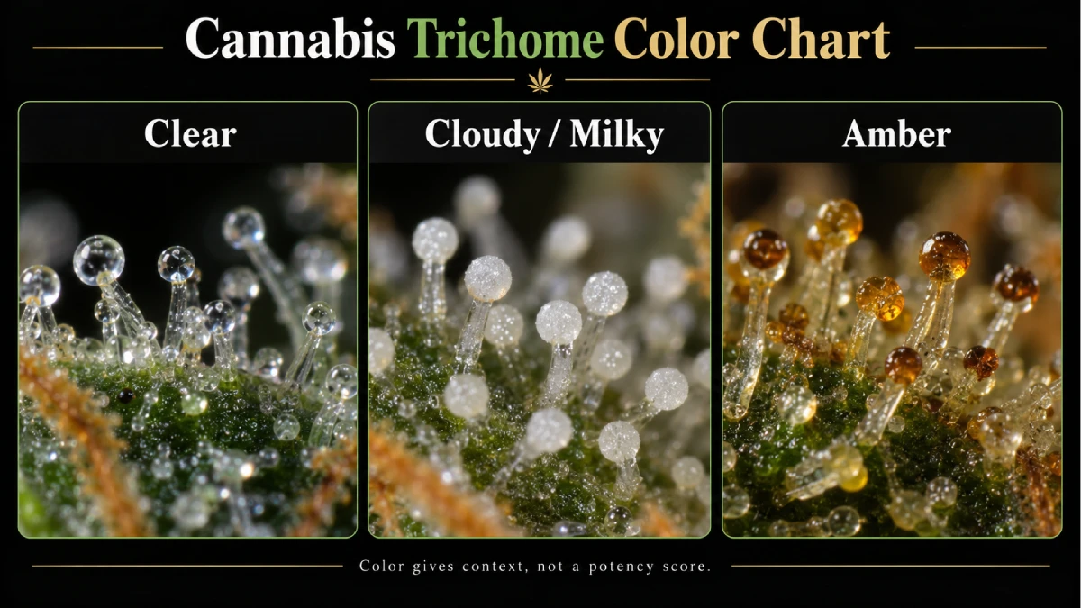 Weed trichome chart comparing clear, cloudy milky, and amber cannabis trichomes under magnification