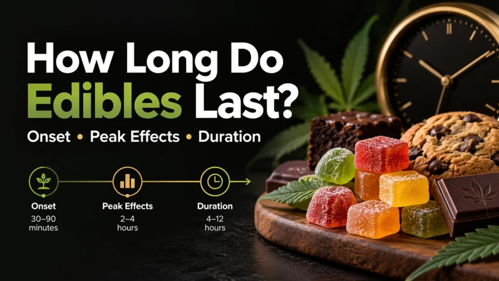 How long do edibles last? THC gummies, brownies, and other cannabis edibles shown with an onset, peak effects, and duration timeline
