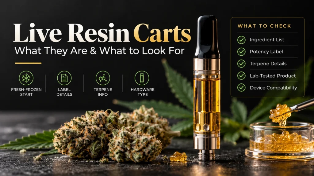 Live resin cart shown with cannabis flower and live resin concentrate, highlighting what shoppers should check before buying