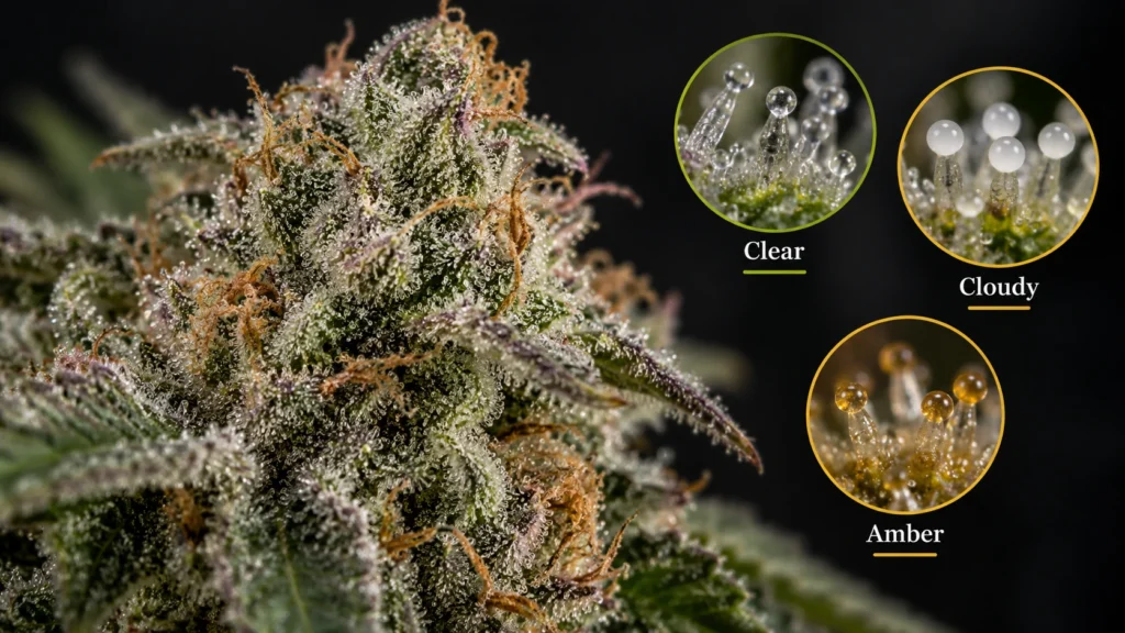 Weed trichomes on cannabis flower with clear, cloudy and amber trichomes shown under magnification