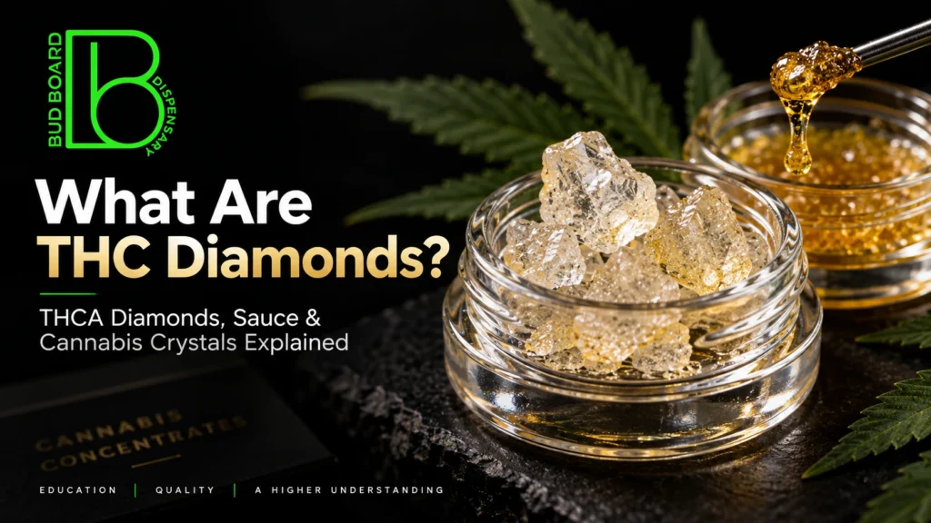 What are THC diamonds? THCA diamonds and cannabis crystals shown with terpene-rich diamond sauce