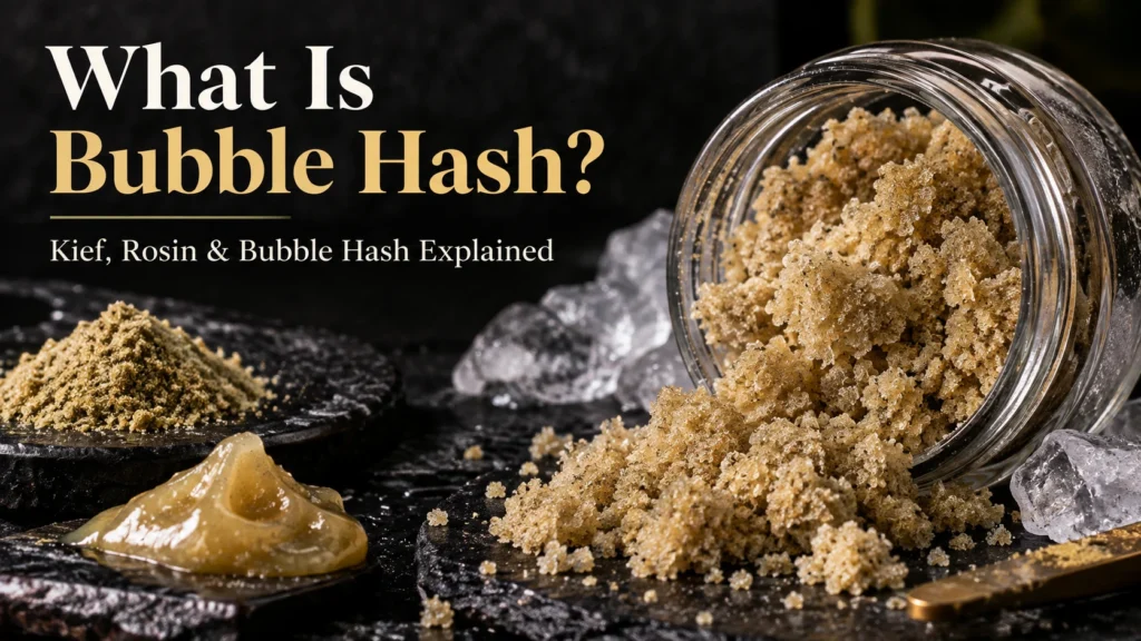 What is bubble hash? Bubble hash shown with kief, rosin, and ice to explain common cannabis concentrate differences