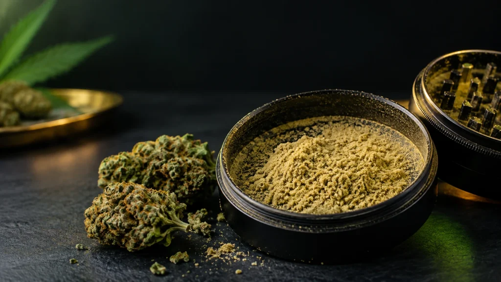 What is kief? Cannabis kief collected in a grinder beside cannabis flower and loose trichome-rich powder