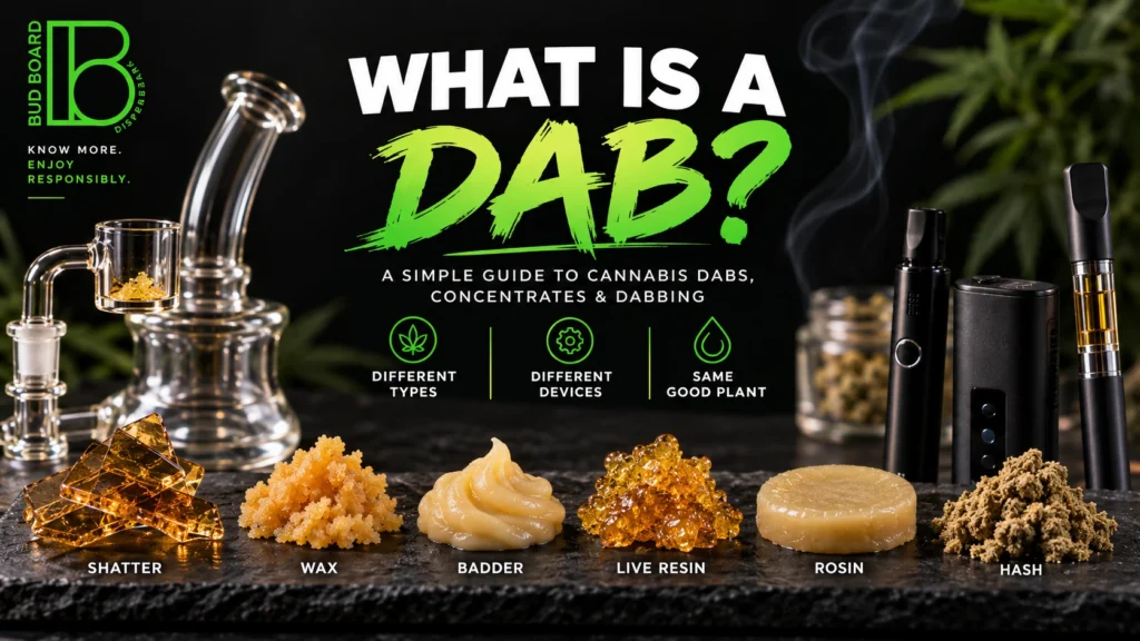 What is a dab? Cannabis concentrates including shatter, wax, badder, live resin, rosin and hash with common dabbing devices