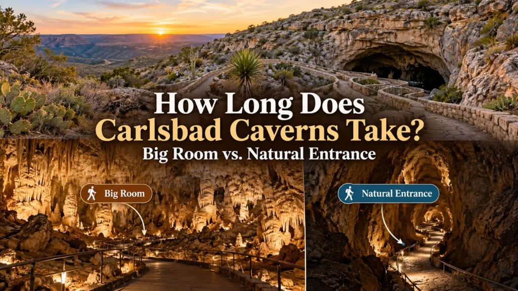 How long does Carlsbad Caverns take? Visual comparison of the Big Room and Natural Entrance trails at Carlsbad Caverns National Park.