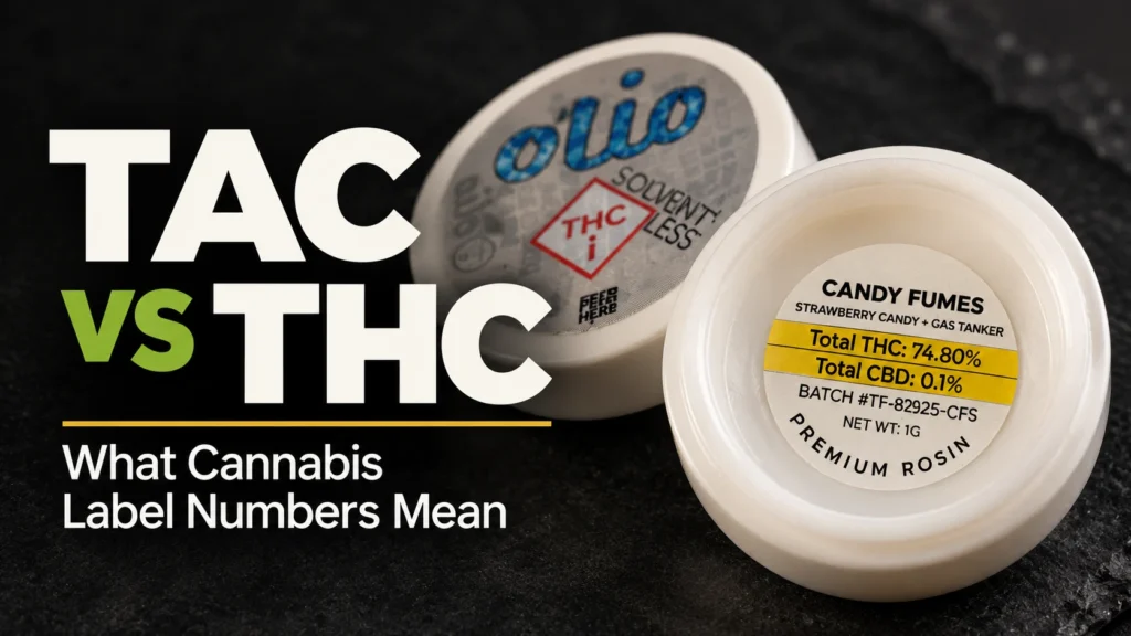 TAC vs THC cannabis label comparison showing Total THC on a real rosin package and explaining what cannabis label numbers mean