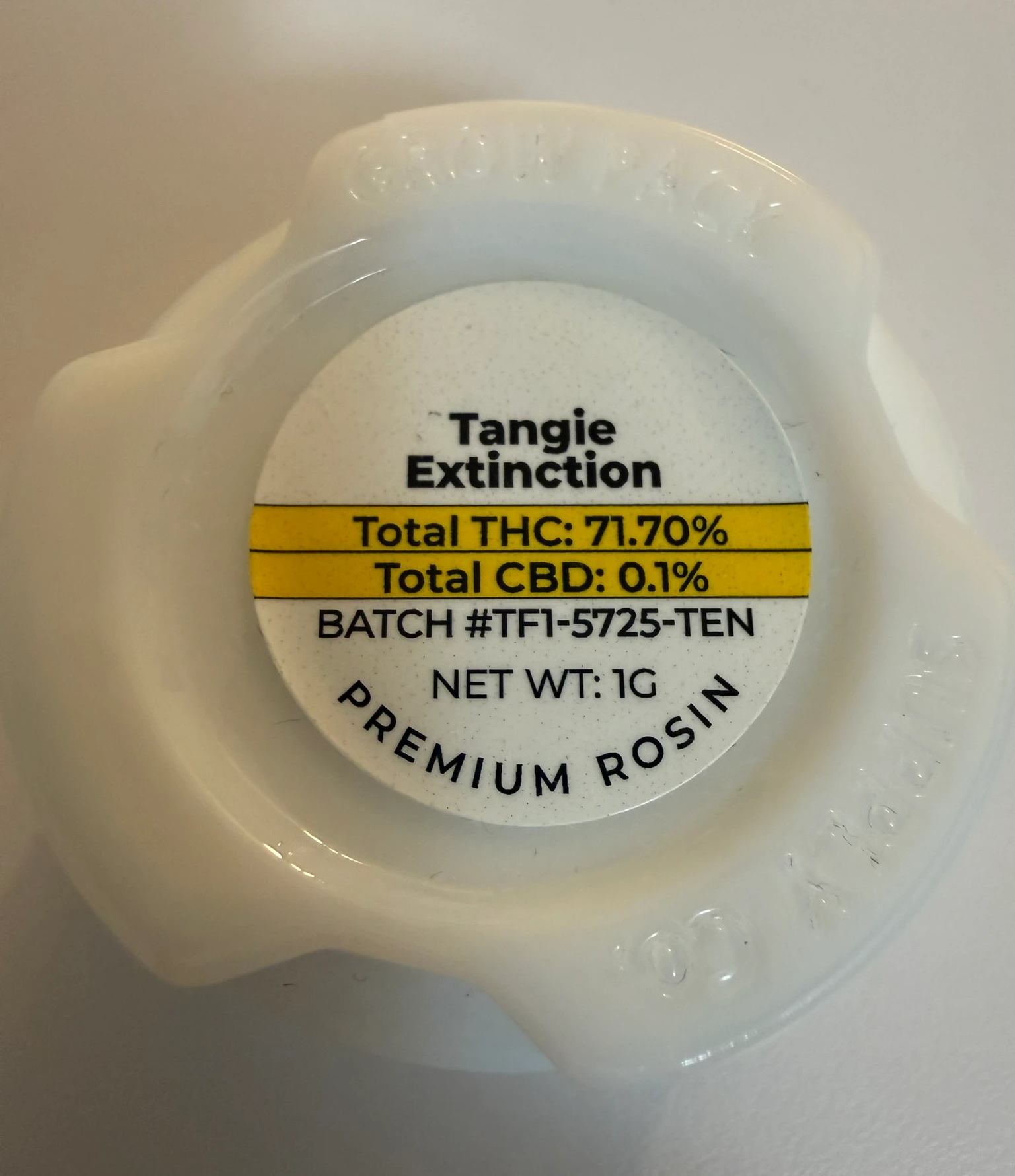 Cannabis rosin label showing 74.80 percent Total THC and 0.1 percent Total CBD
