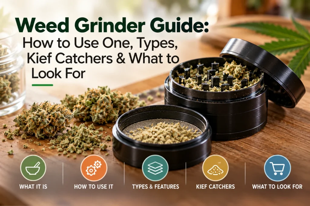Weed grinder with cannabis flower and kief catcher, showing how a weed grinder works and what to look for when choosing one