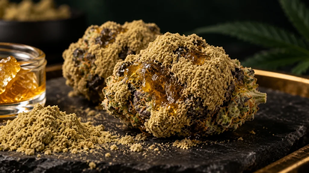 Moonrock weed made with cannabis flower, golden concentrate, and a thick coating of kief