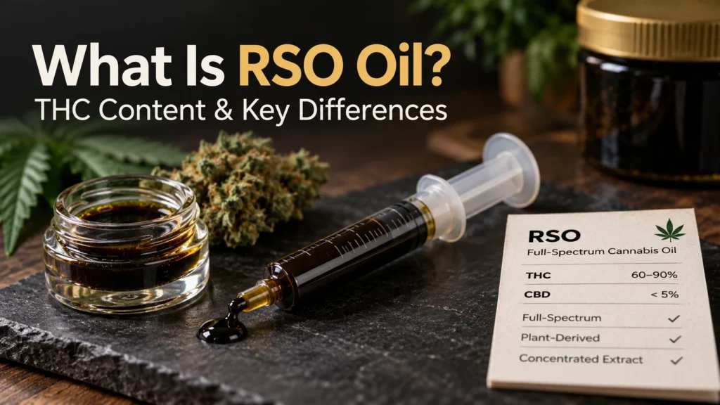 What is RSO oil? Dark Rick Simpson Oil cannabis extract shown in a syringe and glass jar alongside cannabis flower and an illustrative label.