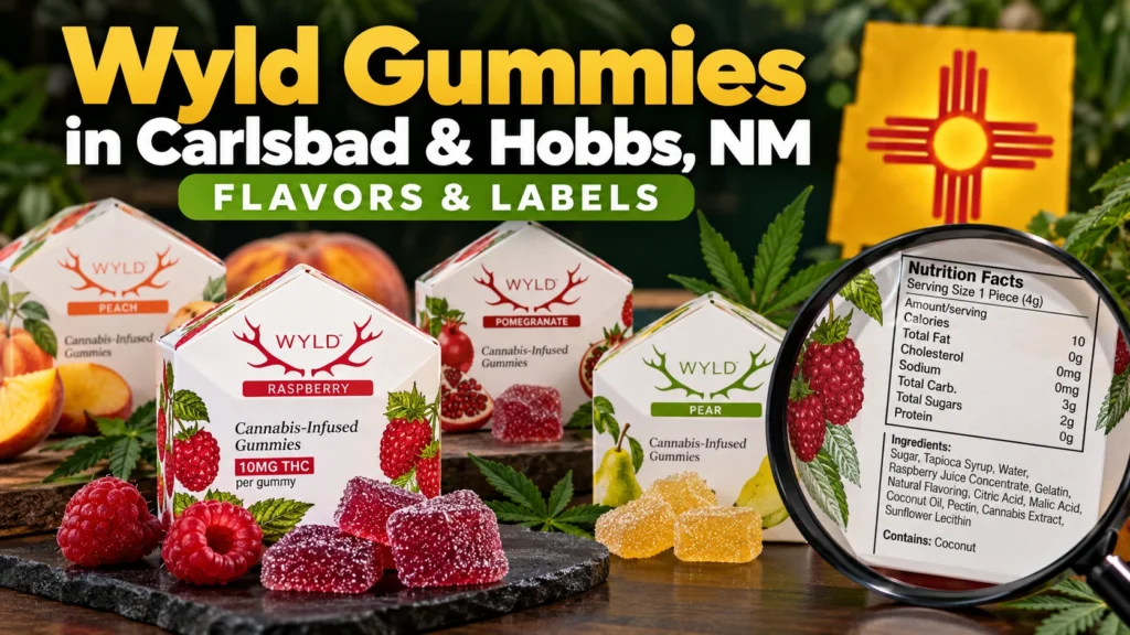Wyld gummies in Carlsbad and Hobbs, NM with Raspberry, Peach, Pomegranate, and Pear flavors alongside label and ingredient information