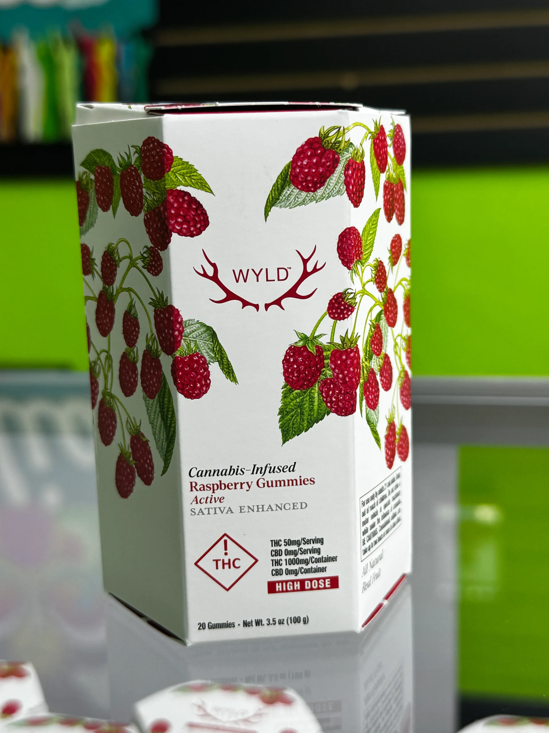 New Mexico medical Wyld Raspberry gummies package showing 50 mg THC per serving and 1,000 mg THC per container